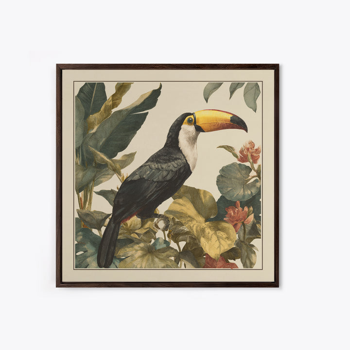 Toucan Framed by Bold Jungle Foliage Framed Canvas Print, Bird Art, Boho Wall Decor, Living Room Decor, Fine Art, Flight, BIR-1x1-47