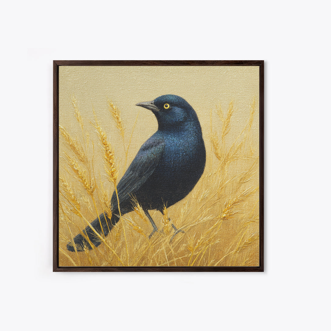 Blackbird on Gold Wheat Field Framed Canvas Print, Bird Art, Wall Decor, Living Room Decor, Fine Art, Flight, Boho Wall Decor, BIR-1x1-48