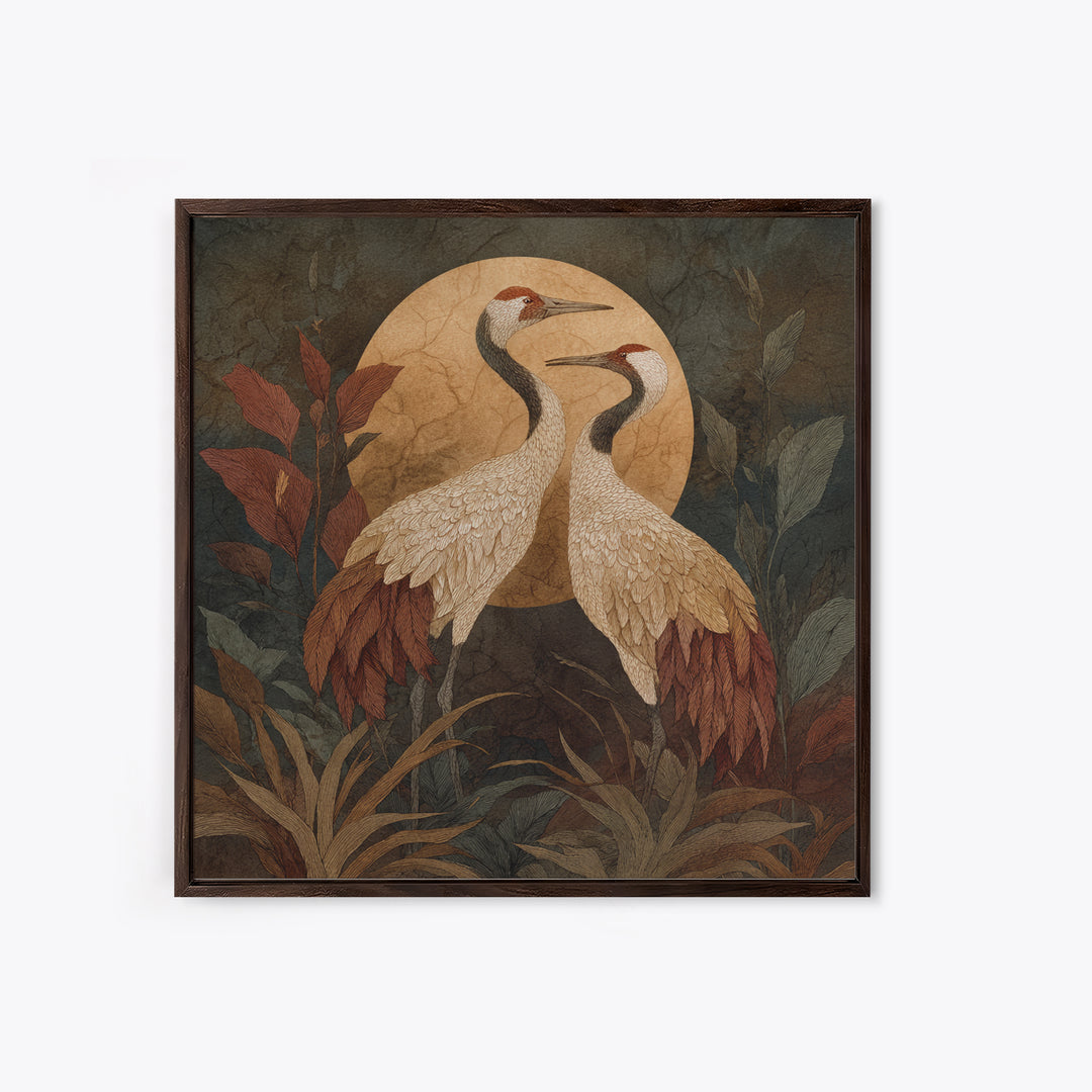 Pair of Cranes Dancing Framed Canvas Print, Bird Art, Nature Wall Art, Living Room Decor, Oil Painting, Flight, BIR-1x1-51