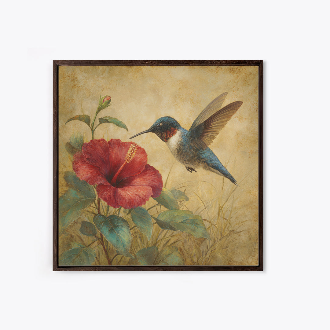 Hummingbird Hovering Beside Bright Hibiscus Framed Canvas Print, Bird Art, Gallery Wall, Living Room Decor, Fine Art, Flight, BIR-1x1-52