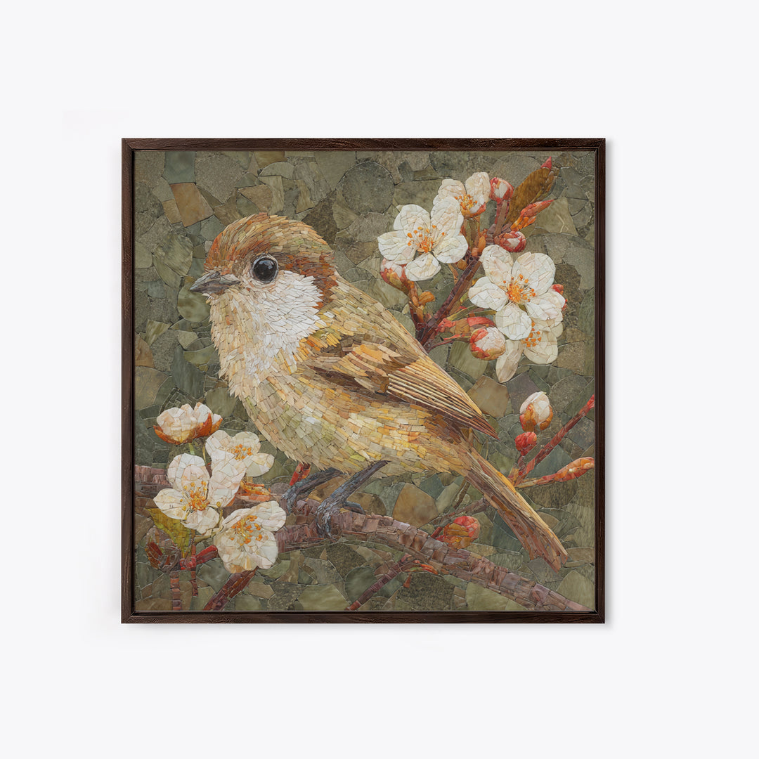 Songbird Perched on Cherry Blossoms Framed Canvas Print, Bird Art, Farmhouse Decor, Living Room Decor, Fine Art, Flight, BIR-1x1-56