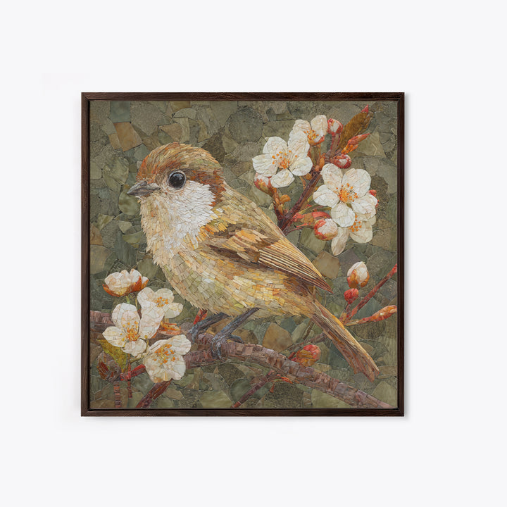 Songbird Perched on Cherry Blossoms Framed Canvas Print, Bird Art, Farmhouse Decor, Living Room Decor, Fine Art, Flight, BIR-1x1-56