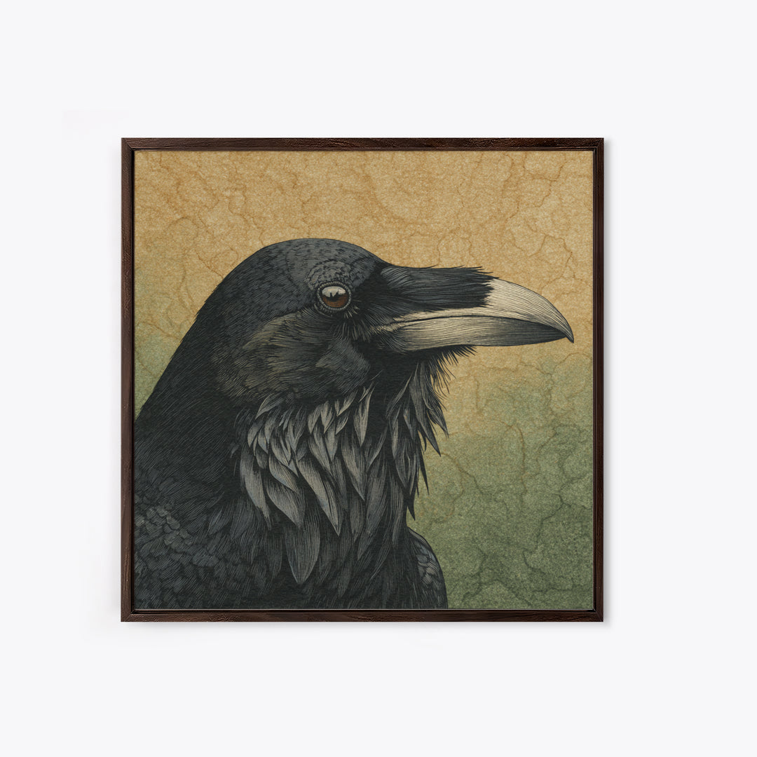 Raven Silhouette with Gothic Atmosphere Framed Canvas Print, Bird Art, Statement Artwork, Living Room Decor, Abstract Art, BIR-1x1-57