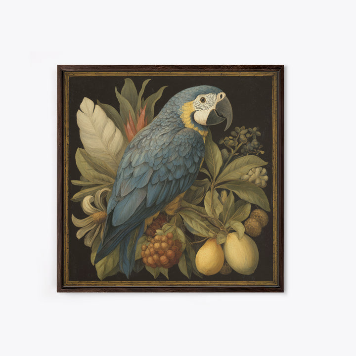 Parrot Among Tropical Leaves and Fruit Framed Canvas Print, Bird Art, Forest Wall Art, Living Room Decor, Oil Painting, Flight, BIR-1x1-61
