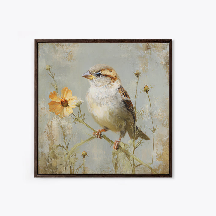 Small Sparrow on Wildflower Stem Framed Canvas Print, Bird Art, Nature Wall Art, Living Room Decor, Fine Art, Flight, BIR-1x1-62