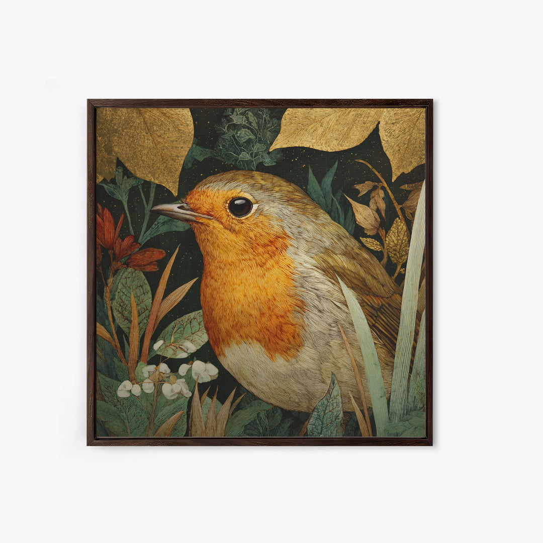Robin in a Spring Garden with Soft Framed Canvas Print, Bird Art, Forest Wall Art, Living Room Decor, Oil Painting, Flight, BIR-1x1-63
