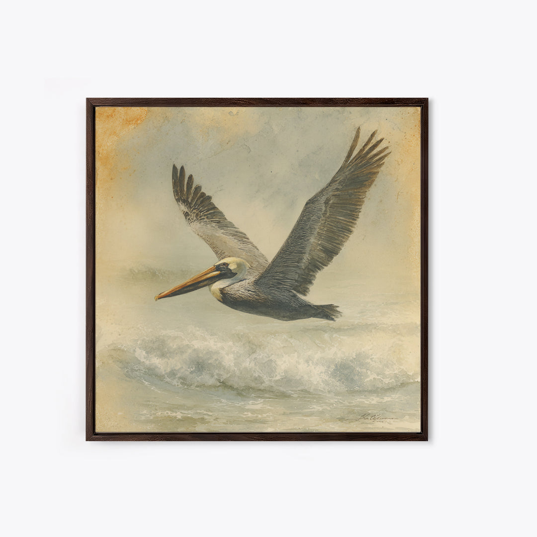 Pelican Flying over Coastal Waves Framed Canvas Print, Bird Art, Digital Download Art, Living Room Decor, Abstract Art, Flight, BIR-1x1-66