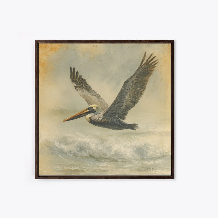Pelican Flying over Coastal Waves Framed Canvas Print, Bird Art, Digital Download Art, Living Room Decor, Abstract Art, Flight, BIR-1x1-66