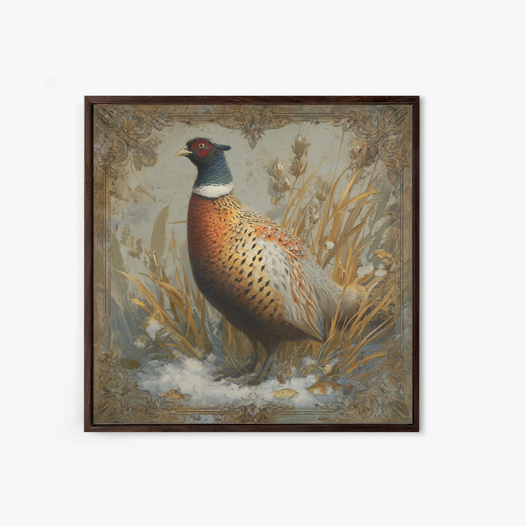 Pheasant with Ornate Feather Details Framed Canvas Print, Bird Art, Gallery Decor, Living Room Decor, Fine Art, Flight, BIR-1x1-67