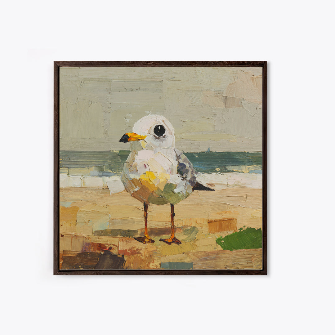Seagulls Above a Pale Beach Horizon Framed Canvas Print, Bird Art, Digital Download Art, Living Room Decor, Oil Painting, BIR-1x1-68