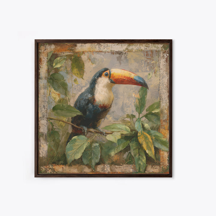 Toucan Framed by Bold Jungle Foliage Framed Canvas Print, Bird Art, Bird Wall Art, Living Room Decor, Fine Art, Flight, BIR-1x1-71
