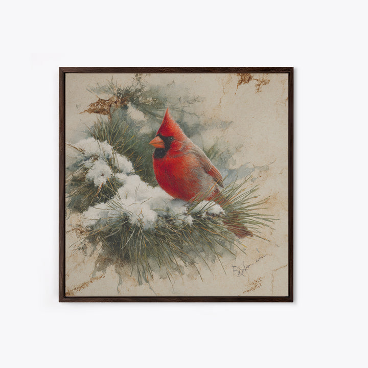 Red Cardinal on Snowy Pine Branch Framed Canvas Print, Bird Art, Art Print, Living Room Decor, Fine Art, Flight, Original Art, BIR-1x1-73