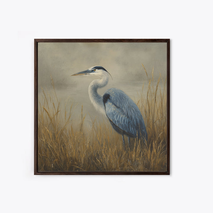Blue Heron in Misty Marsh Grass Framed Canvas Print, Bird Art, Forest Wall Art, Living Room Decor, Flight, Minimalist Decor, BIR-1x1-74