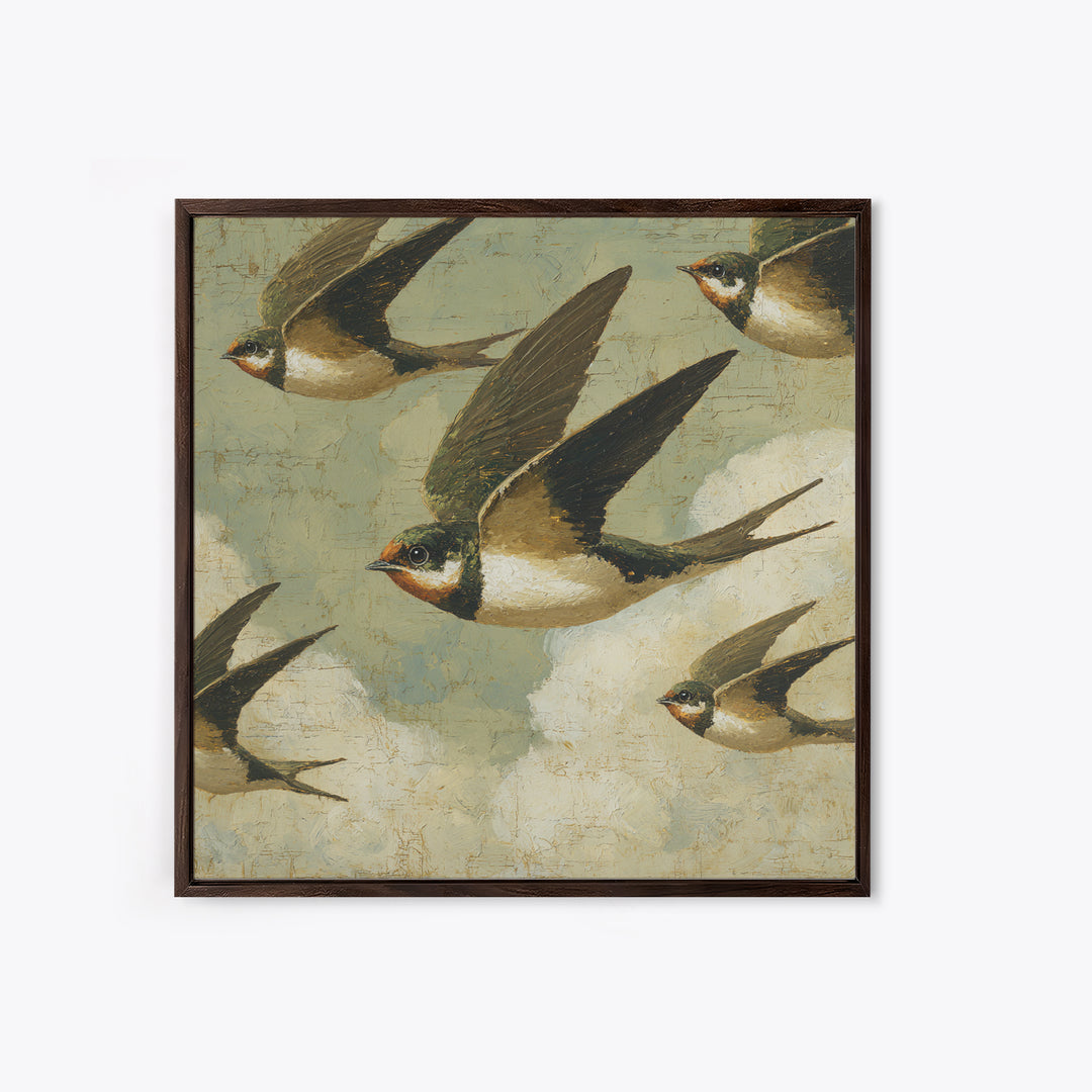 Flock of Swallows Sweeping Across Open Sky Framed Canvas Print, Bird Art, Gallery Decor, Living Room Decor, Fine Art, Flight, BIR-1x1-78