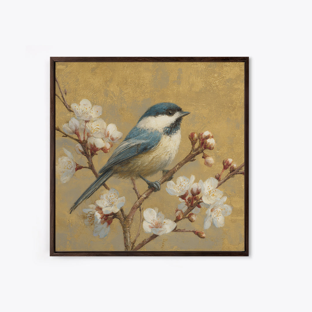 Songbird Perched on Cherry Blossoms Framed Canvas Print, Bird Art, Digital Print, Living Room Decor, Fine Art, Flight, BIR-1x1-8