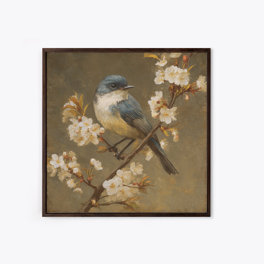 Songbird Perched on Cherry Blossoms Framed Canvas Print, Bird Art, Modern Decor, Living Room Decor, Fine Art, Flight, BIR-1x1-80