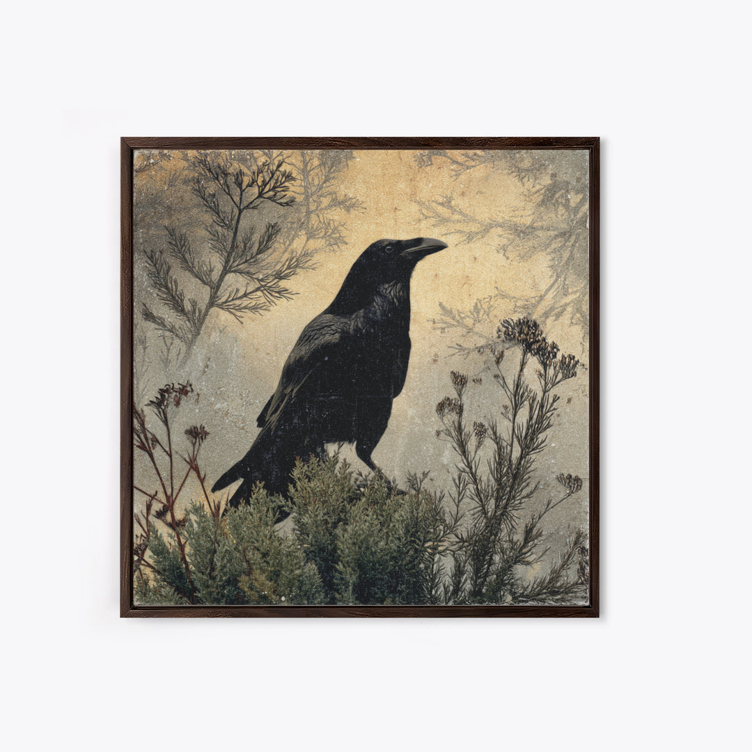 Raven Silhouette with Gothic Atmosphere Canvas Print, Bird Art, Textured Painting, Living Room Decor, Fine Art, Flight, BIR-1x1-81