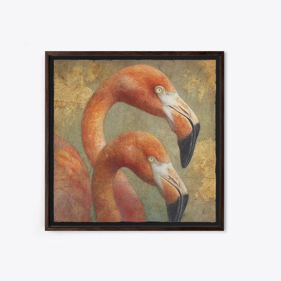 Flamingo Pair in Coral Water Reflections Canvas Print, Bird Art, Neutral Decor, Living Room Decor, Oil Painting, Flight, BIR-1x1-82