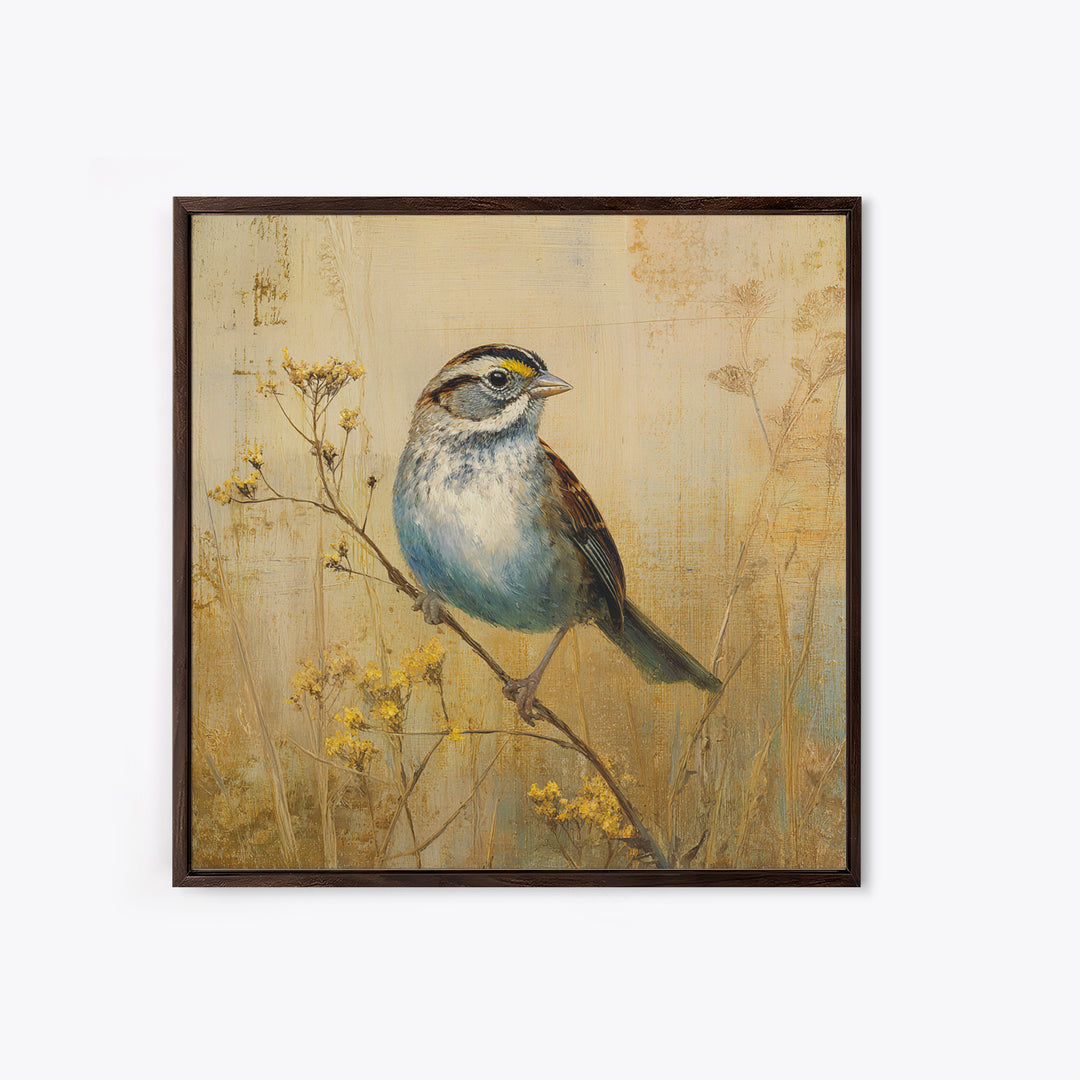 Small Sparrow on Wildflower Stem Canvas Print, Bird Art, Modern Decor, Living Room Decor, Oil Painting, Flight, Home Decor, BIR-1x1-86