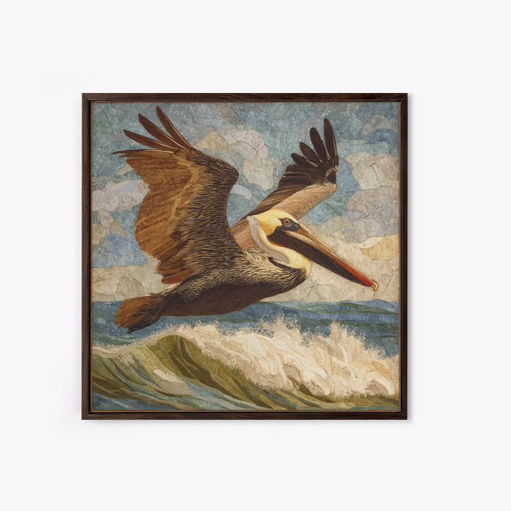 Pelican Flying over Coastal Waves Canvas Print, Bird Art, Rustic Home Decor, Living Room Decor, Fine Art, Flight, BIR-1x1-90