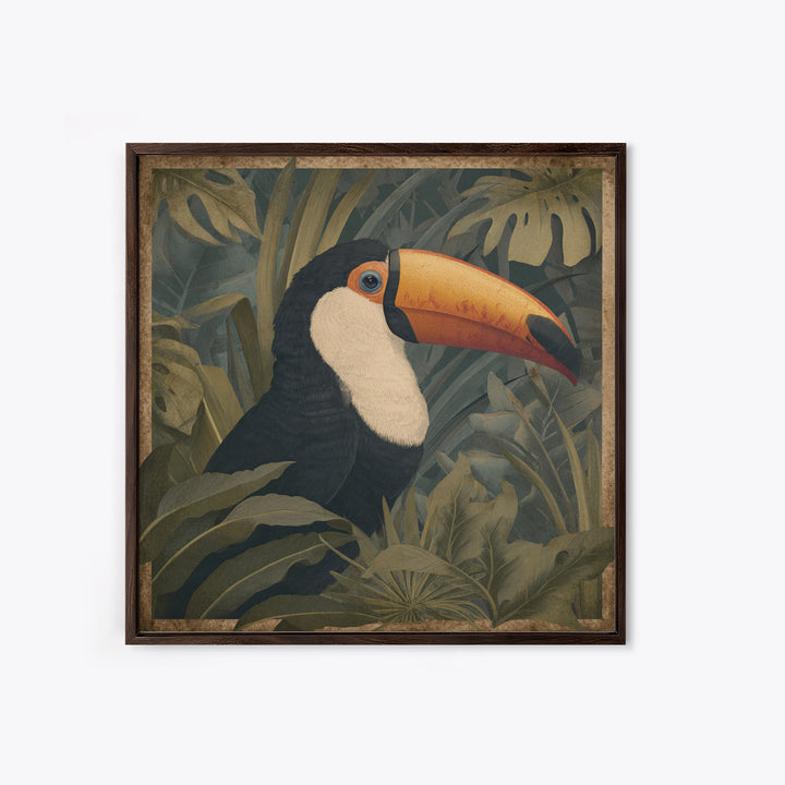 Toucan Framed by Bold Jungle Foliage Canvas Print, Bird Art, Neutral Decor, Living Room Decor, Fine Art, Flight, Wall Art, BIR-1x1-95