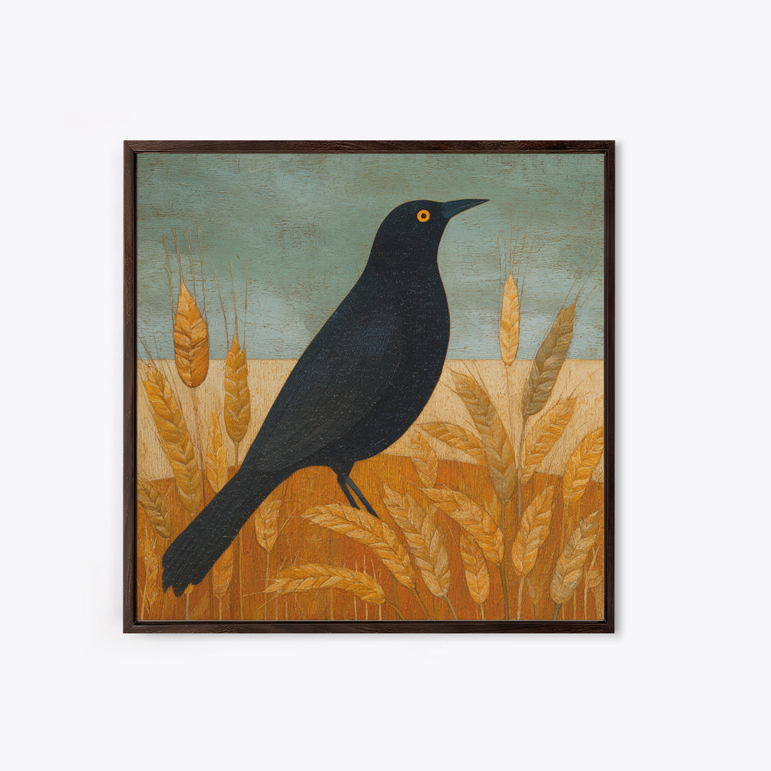 Blackbird on Gold Wheat Field Framed Canvas Print, Bird Art, Printable Wall Art, Living Room Decor, Fine Art, Flight, BIR-1x1-96