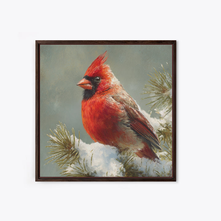 Red Cardinal on Snowy Pine Branch Canvas Print, Bird Art, Wall Art, Living Room Decor, Fine Art, Flight, Japanese Wall Art, BIR-1x1-97