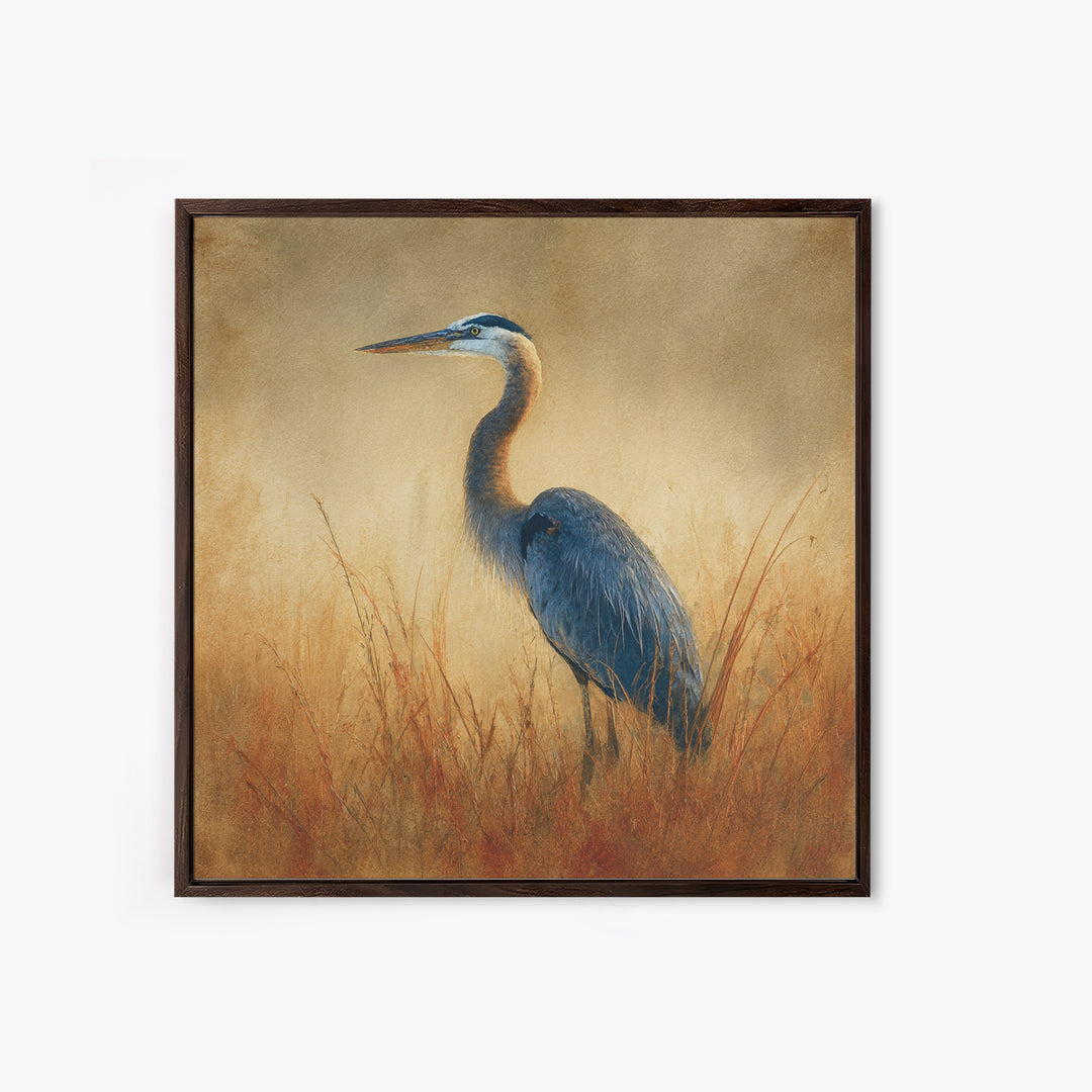 Blue Heron in Misty Marsh Grass Canvas Print, Bird Art, Boho Decor, Living Room Decor, Fine Art, Flight, Printable Wall Art, BIR-1x1-98