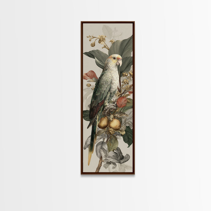 Parrot Among Tropical Leaves and Fruit Canvas Print, Bird Art, Living Room Art, Living Room Decor, Watercolor Art, Flight, BIR-1x3-1