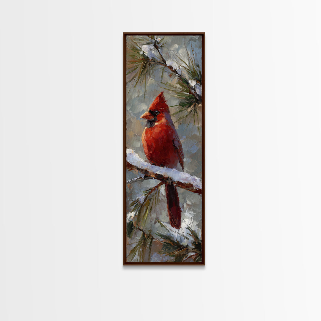 Red Cardinal on Snowy Pine Branch Canvas Print, Bird Art, Statement Artwork, Living Room Decor, Oil Painting, Flight, BIR-1x3-13