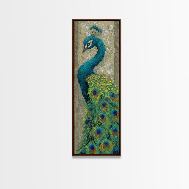 Peacock with Jewel Tone Feather Pattern Framed Canvas Print, Bird Art, Wall Decor, Living Room Decor, Fine Art, Flight, BIR-1x3-19