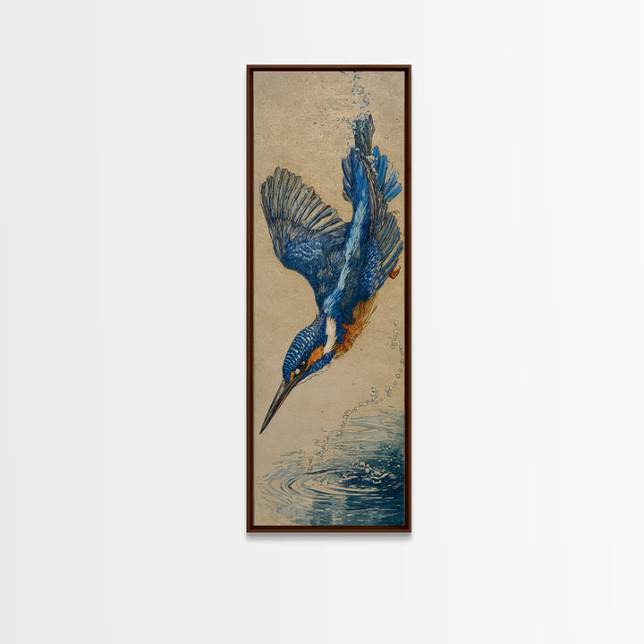 Kingfisher Diving Toward Blue Water Canvas Print, Bird Art, Digital Prints, Living Room Decor, Fine Art, Flight, Modern Art, BIR-1x3-23