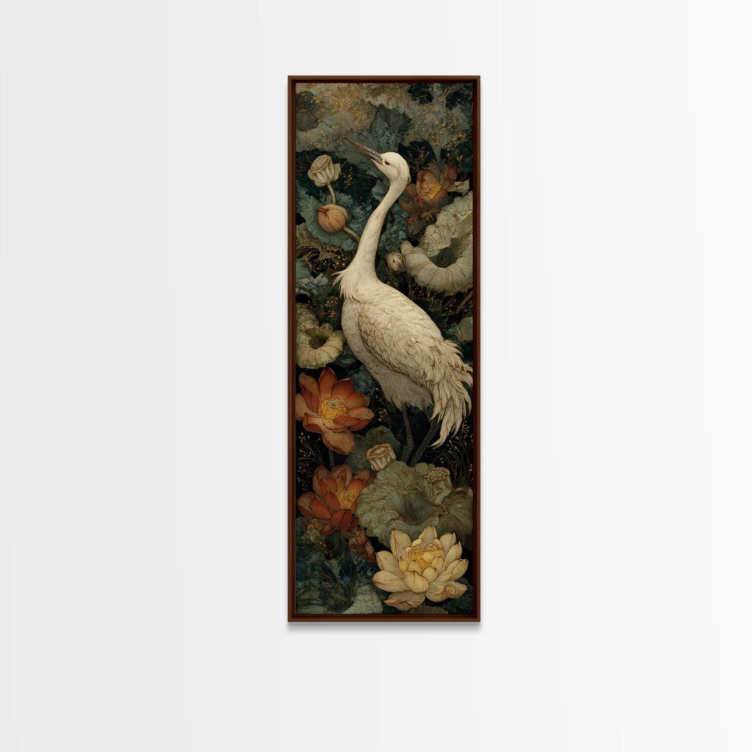Crane and Lotus Composition Framed Canvas Print, Bird Art, Modern Decor, Living Room Decor, Fine Art, Flight, Home Decor, BIR-1x3-29