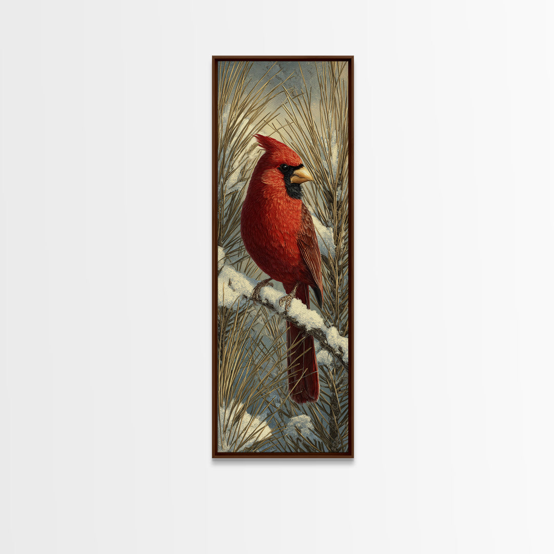 Red Cardinal on Snowy Pine Branch Canvas Print, Bird Art, Statement Artwork, Living Room Decor, Oil Painting, Flight, BIR-1x3-37