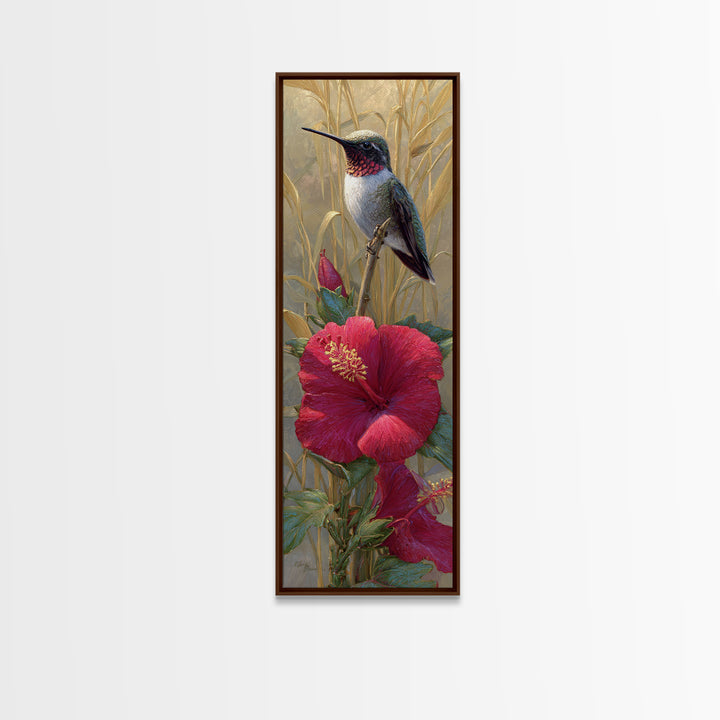 Hummingbird Hovering Beside Bright Hibiscus Canvas Print, Bird Art, Printable Wall Art, Living Room Decor, Fine Art, Flight, BIR-1x3-40