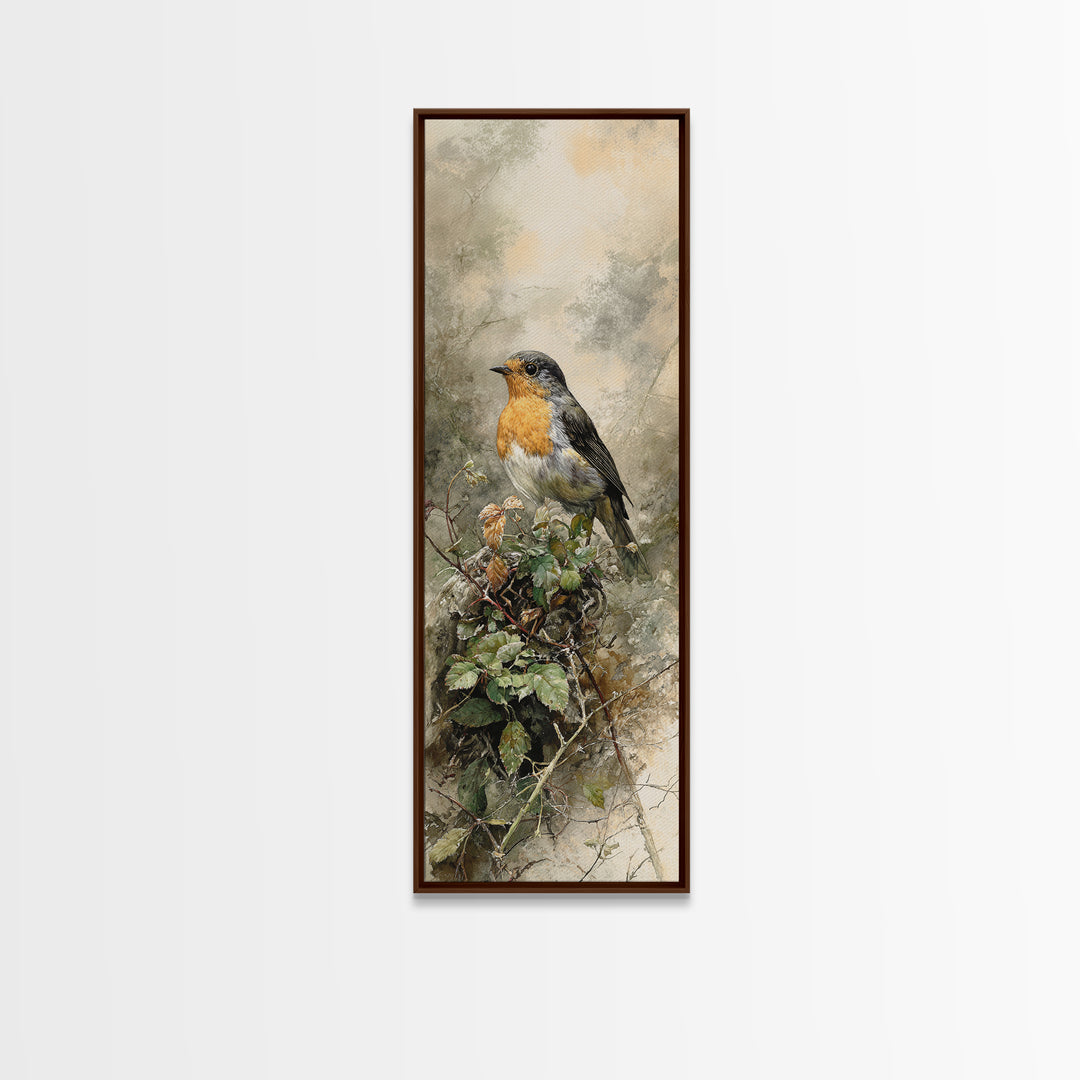 Robin in a Spring Garden with Soft Canvas Print, Bird Art, Living Room Decor, Fine Art, Flight, Rustic Home Decor, Floral Art, BIR-1x3-51