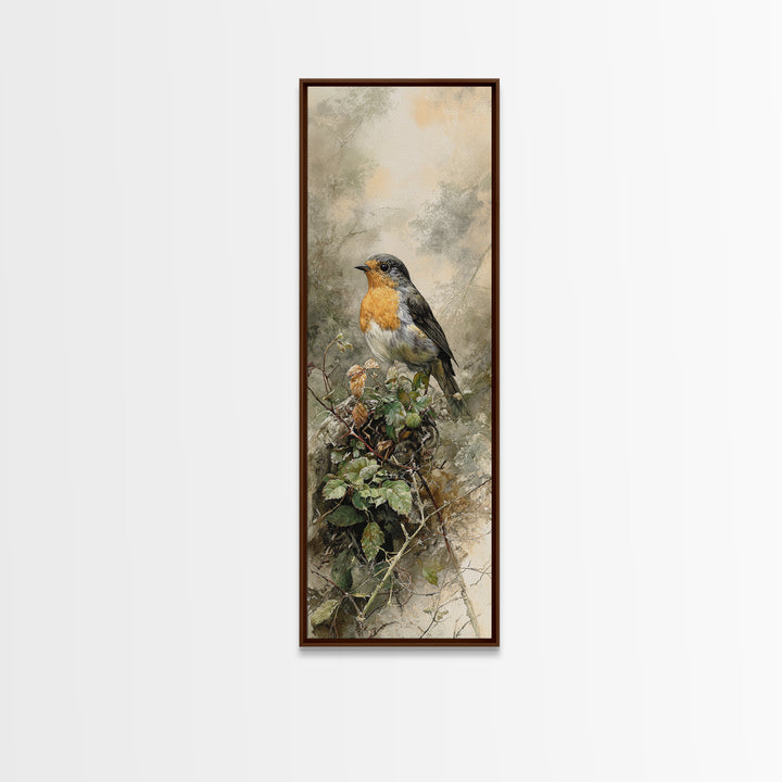 Robin in a Spring Garden with Soft Canvas Print, Bird Art, Living Room Decor, Fine Art, Flight, Rustic Home Decor, Floral Art, BIR-1x3-51