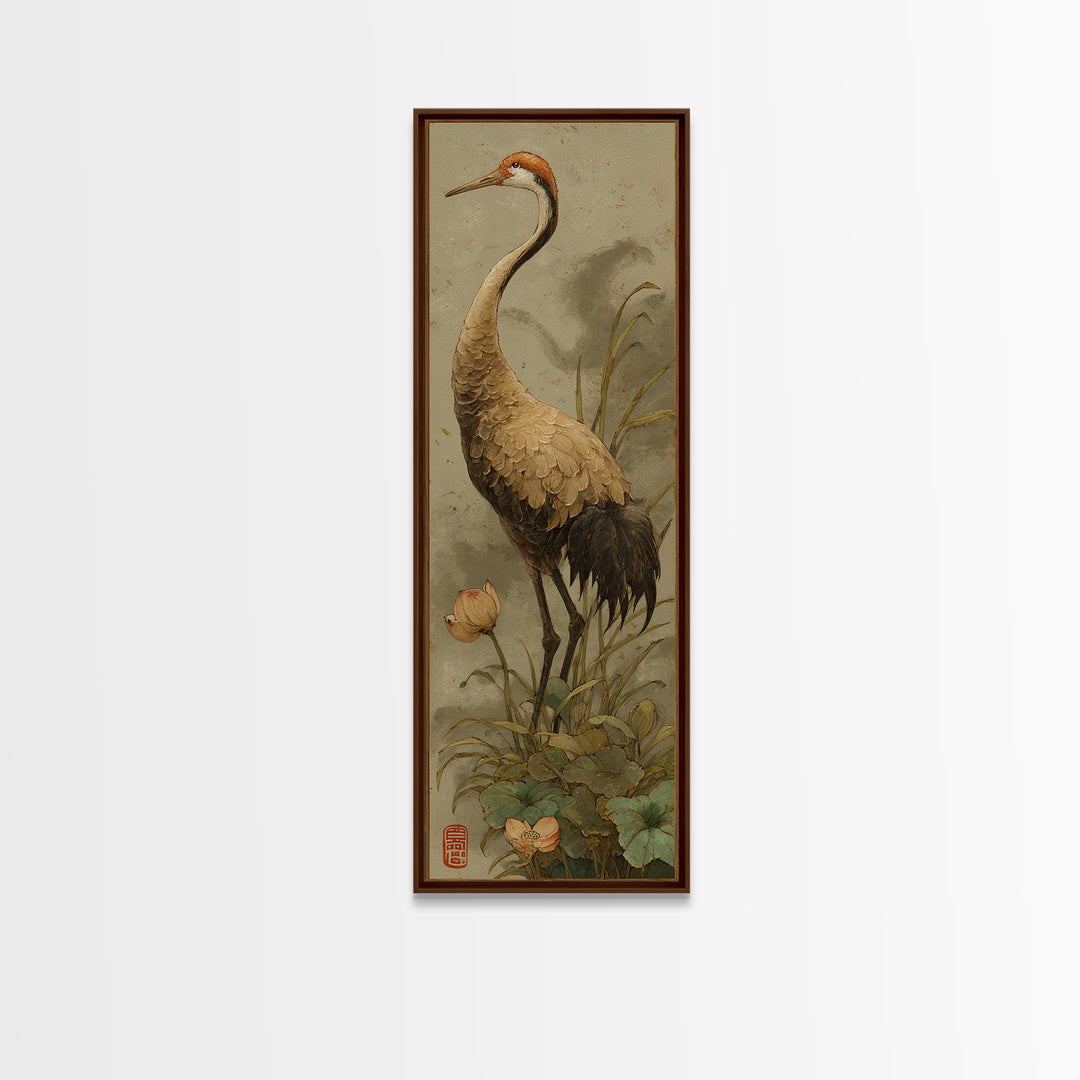 Crane and Lotus Composition Framed Canvas Print, Bird Art, Modern Decor, Living Room Decor, Fine Art, Flight, Home Decor, BIR-1x3-53