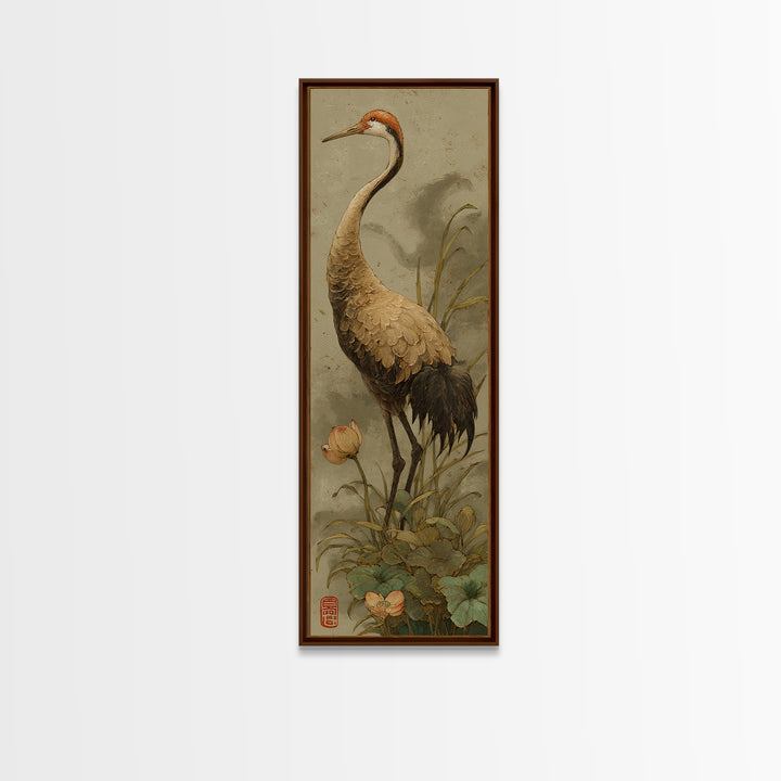 Crane and Lotus Composition Framed Canvas Print, Bird Art, Modern Decor, Living Room Decor, Fine Art, Flight, Home Decor, BIR-1x3-53