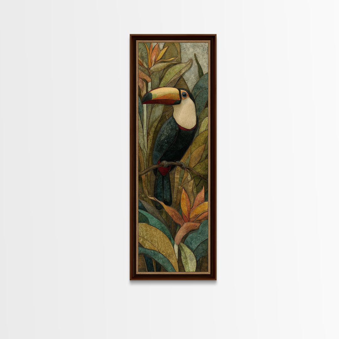 Toucan Framed by Bold Jungle Foliage Canvas Print, Bird Art, Watercolor Painting, Living Room Decor, Fine Art, Flight, BIR-1x3-59