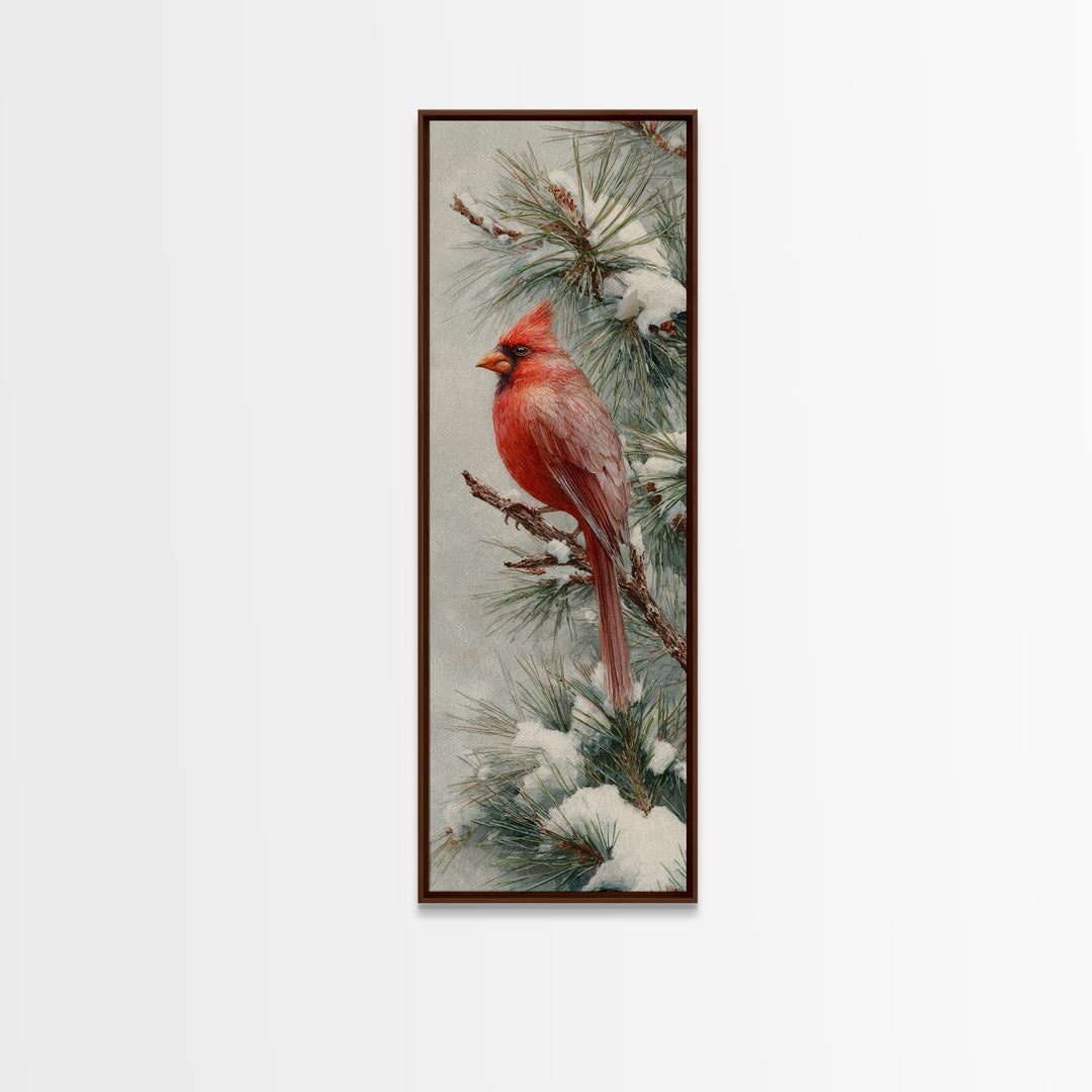 Red Cardinal on Snowy Pine Branch Framed Canvas Print, Bird Art, Textured Painting, Living Room Decor, Watercolor Art, Flight, BIR-1x3-61