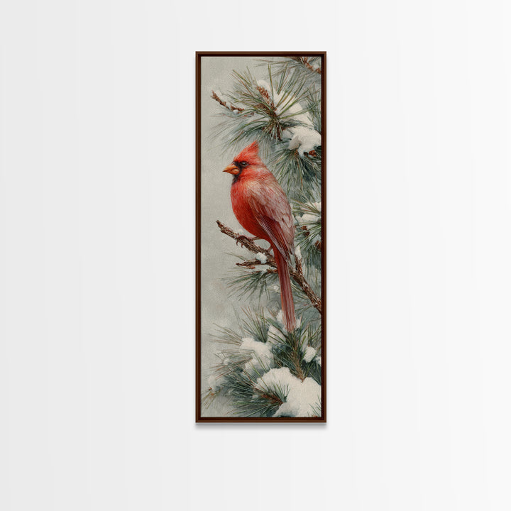 Red Cardinal on Snowy Pine Branch Framed Canvas Print, Bird Art, Textured Painting, Living Room Decor, Watercolor Art, Flight, BIR-1x3-61