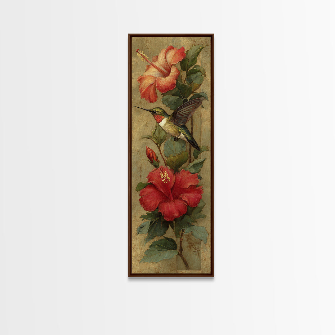 Hummingbird Hovering Beside Bright Hibiscus Framed Canvas Print, Bird Art, Farmhouse Decor, Living Room Decor, Fine Art, Flight, BIR-1x3-64