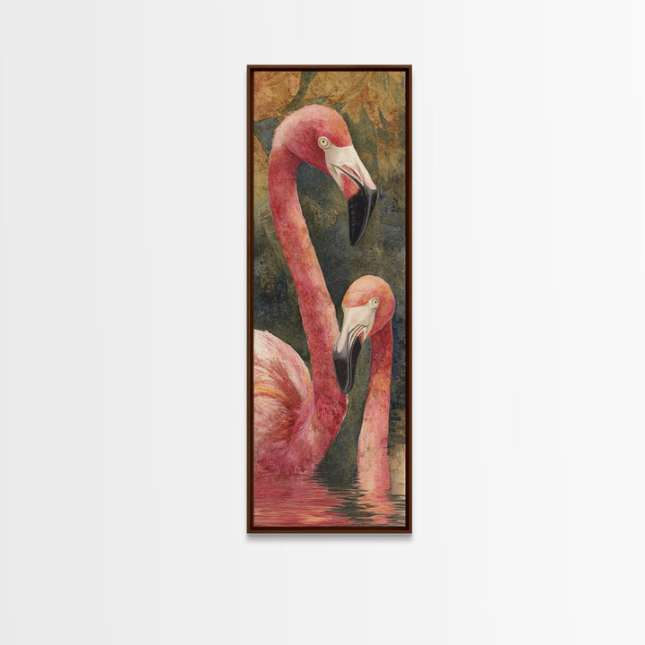 Flamingo Pair in Coral Water Reflections Framed Canvas Print, Bird Art, Rustic Home Decor, Living Room Decor, Fine Art, Flight, BIR-1x3-70