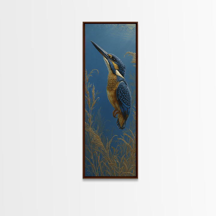 Kingfisher Diving Toward Blue Water Framed Canvas Print, Bird Art, Bird Prints, Living Room Decor, Flight, Modern Decor, BIR-1x3-71