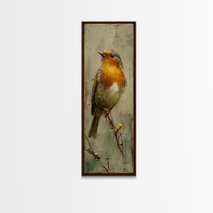 Robin in a Spring Garden with Soft Framed Canvas Print, Bird Art, Mid Century Wall Art, Living Room Decor, Oil Painting, Flight, BIR-1x3-75