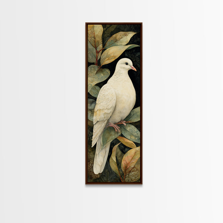 White Dove with Olive Branch and Calm Framed Canvas Print, Bird Art, Japanese Wall Art, Living Room Decor, Fine Art, Flight, BIR-1x3-76