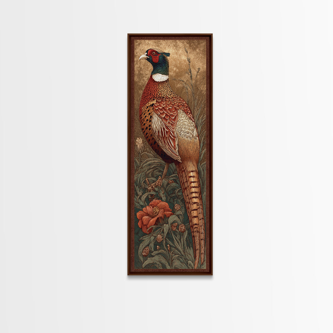 Pheasant with Ornate Feather Details Framed Canvas Print, Bird Art, Modern Art, Living Room Decor, Fine Art, Flight, Floral Art, BIR-1x3-79