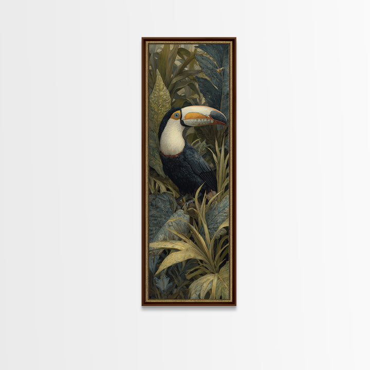 Toucan Framed by Bold Jungle Foliage Framed Canvas Print, Bird Art, Botanical Wall Art, Living Room Decor, Fine Art, Flight, BIR-1x3-83