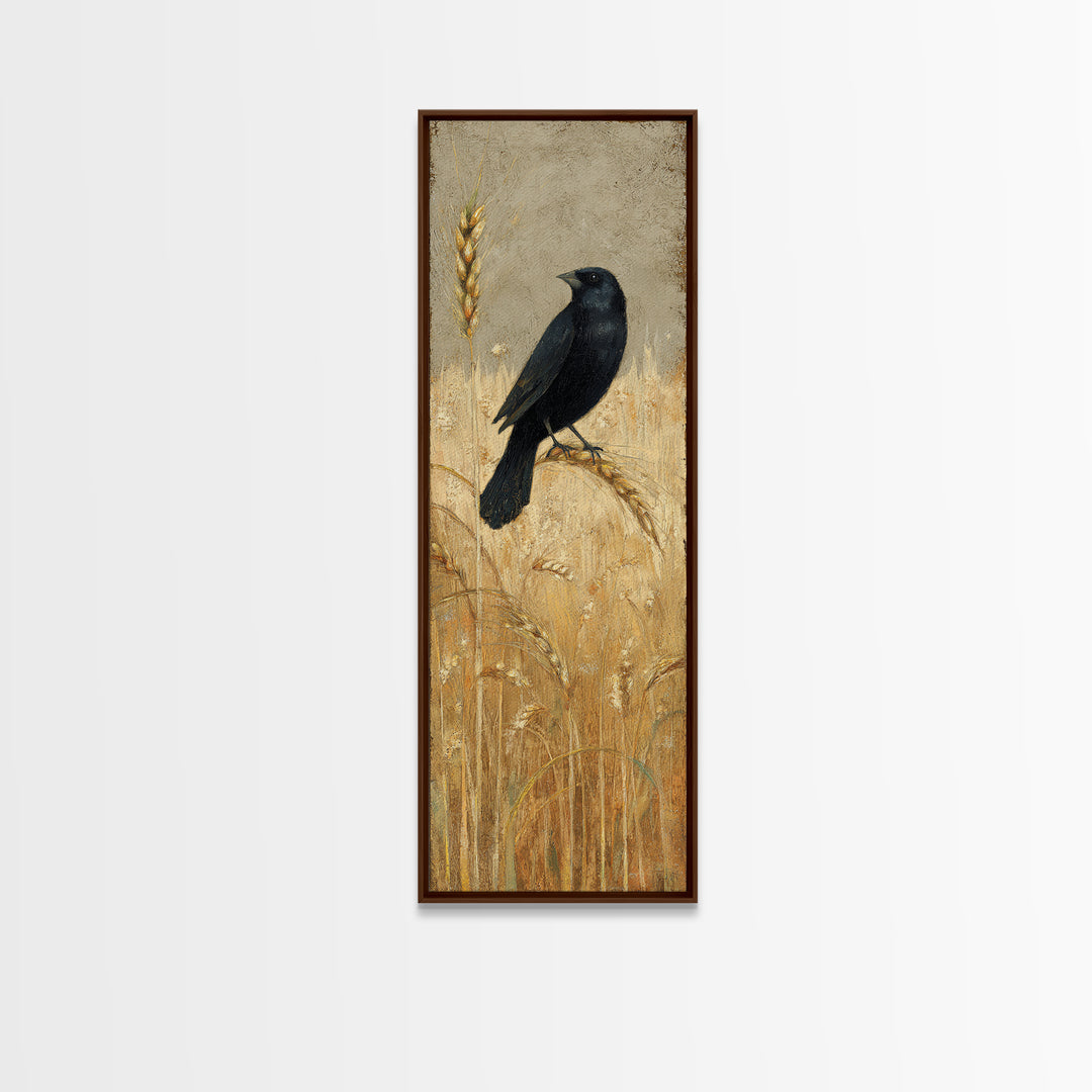 Blackbird on Gold Wheat Field Framed Canvas Print, Bird Art, Printable Art, Living Room Decor, Flight, Mid Century Wall Art, BIR-1x3-84